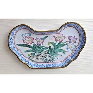 Vintage Hand Painted Enamel Crescent Floral  Metal  Small Floral Tray